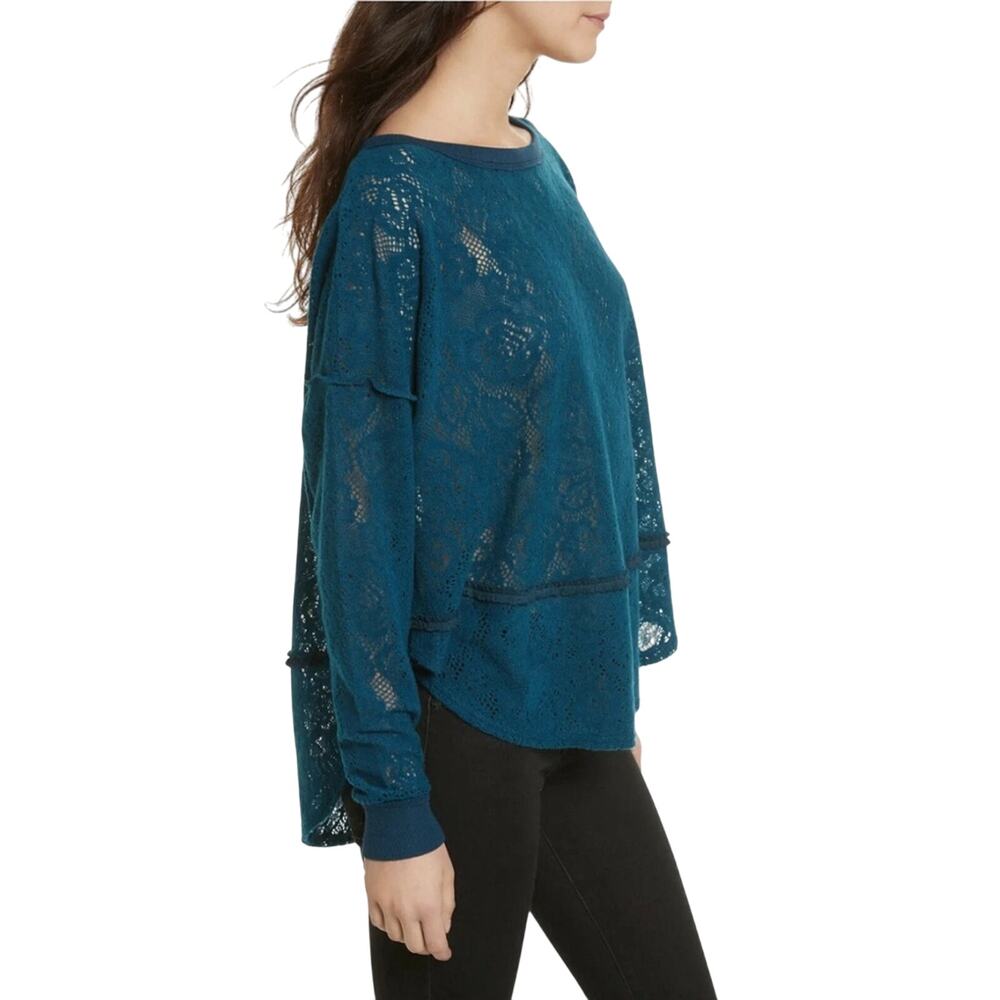 Free People Not Cold In This Floral Brushed Lace Knit High Low Deep Teal Top M - Picture 6 of 11